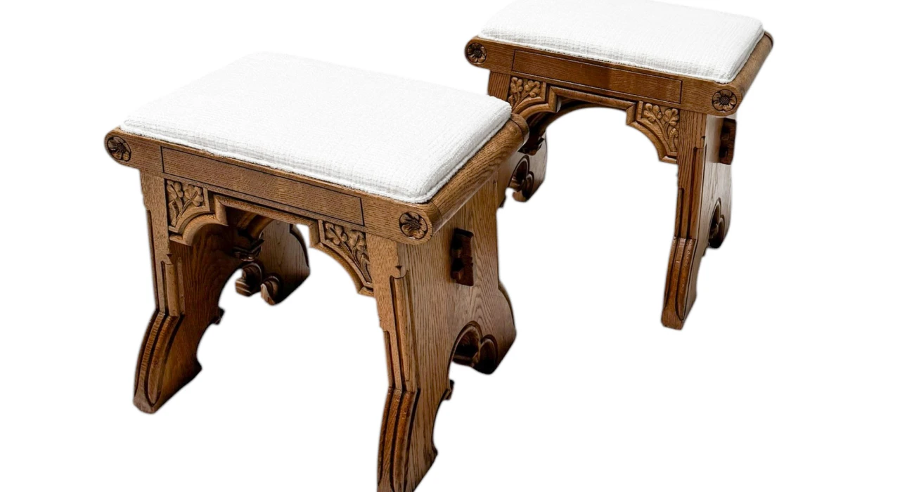 Arts & Crafts Hand-Carved Oak Stools with Boucle Upholstery, 1900s